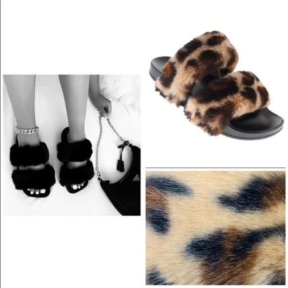Leopard Faux Fur Double Strap Sandals - Picture 1 of 2